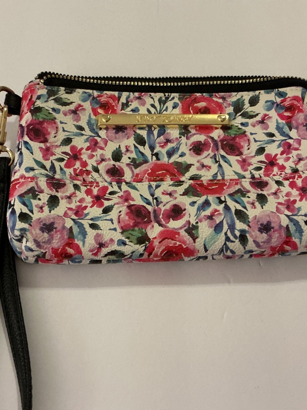 Betsey Johnson Floral Wristlet Clutch with Two Zipper Sections Pink Flowers